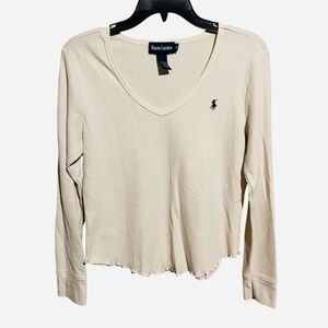 Ralph Lauren Womens Waffle-knit Basic T-Shirt, Cream Long Sleeve Ruffle Hem M